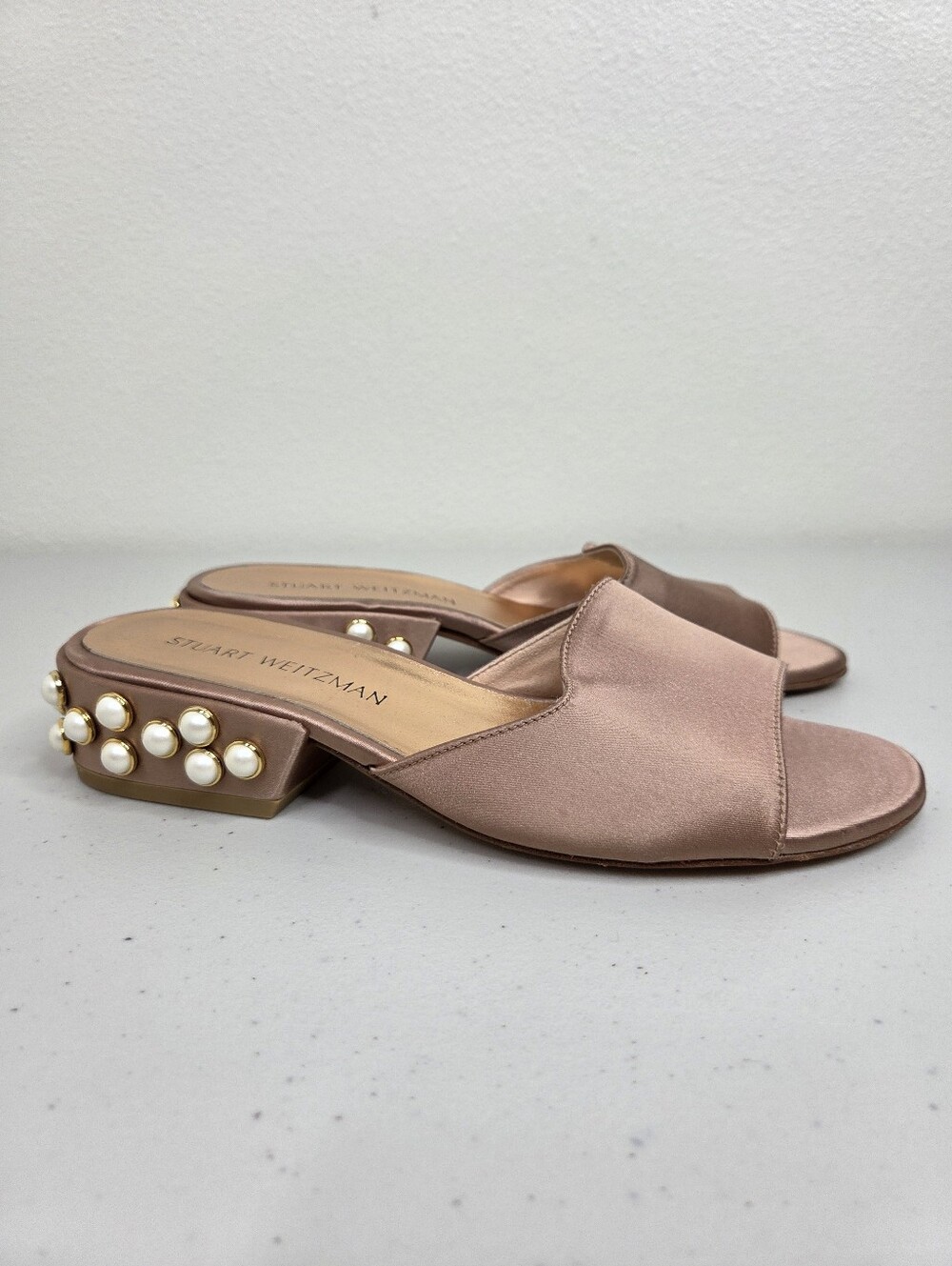 Stuart Weitzman Sliderpearl Rose Gold Pink Satin Mules Pearl-Embellished Heels